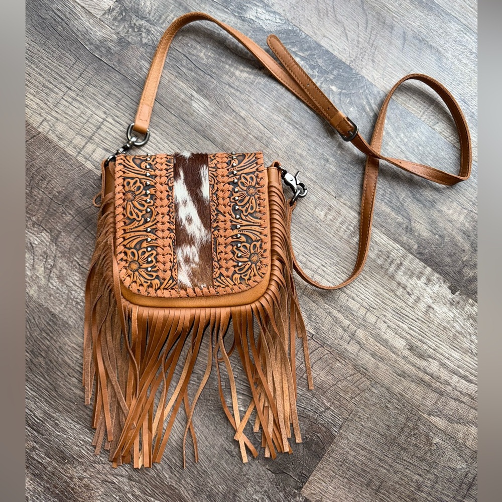 Fringe Crossbody Bag with Tooled Leather and Hair-On Accent - Tan